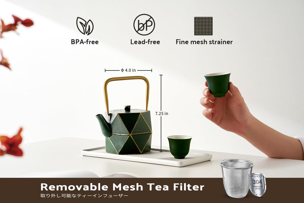 Toptier Cast Iron Teapot, Stovetop Safe Japanese Cast Iron Tea Kettle, Diamond Design Tea Pot with Removable Infuser for