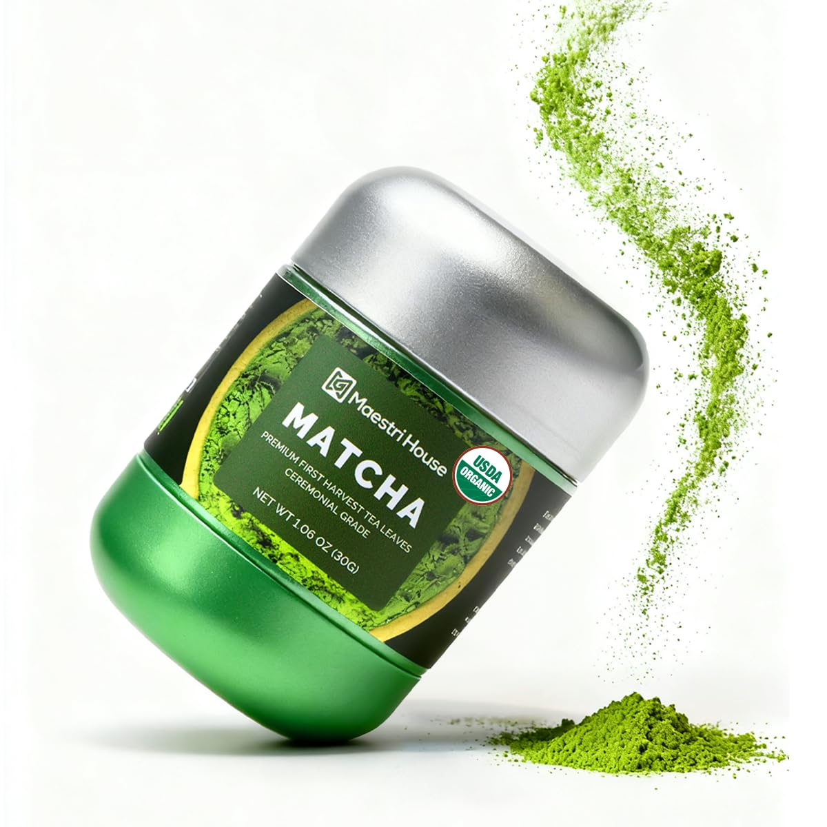 Maestri House USDA Organic Ceremonial Grade Matcha Powder, 1.06oz Tin | First Harvest Green Tea Powder with Smooth Umami for Lattes, Smoothies, and Traditional Tea, Unsweetened, Vegan, Gluten-Free