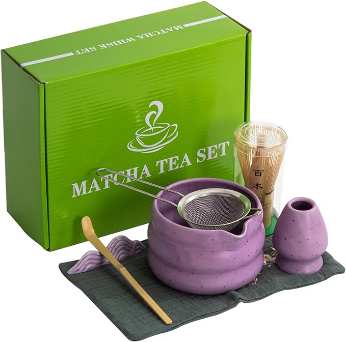 7Pcs Japanese Matcha Tea Set, Matcha Kit with Matcha Bowl (with Pouring Spout), Matcha Whisk, Whisk Holder, Strainer