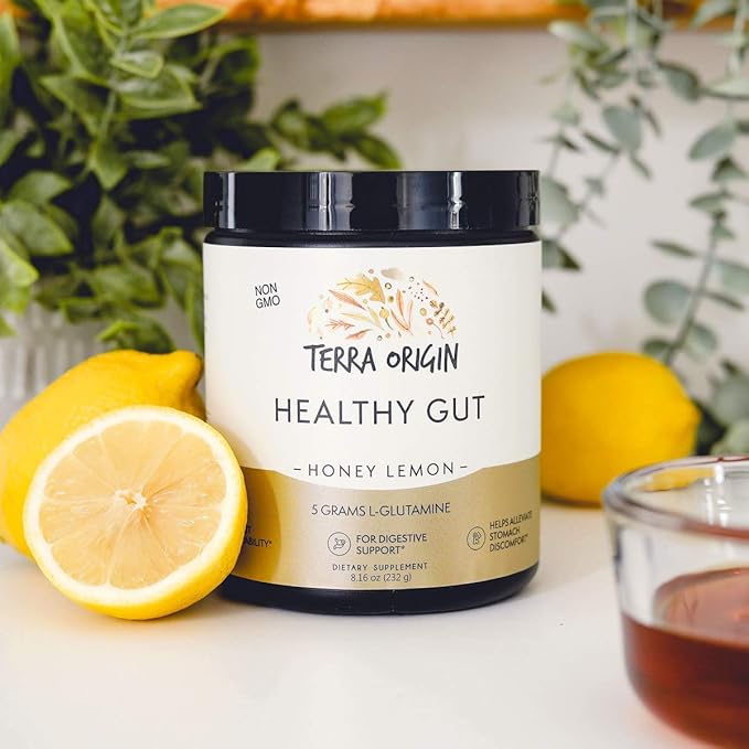 Terra Origin Healthy Gut Powder (Honey Lemon), 30-Servings with L-Glutamine, Zinc, Glucosamine, Slippery Elm Bark and More!