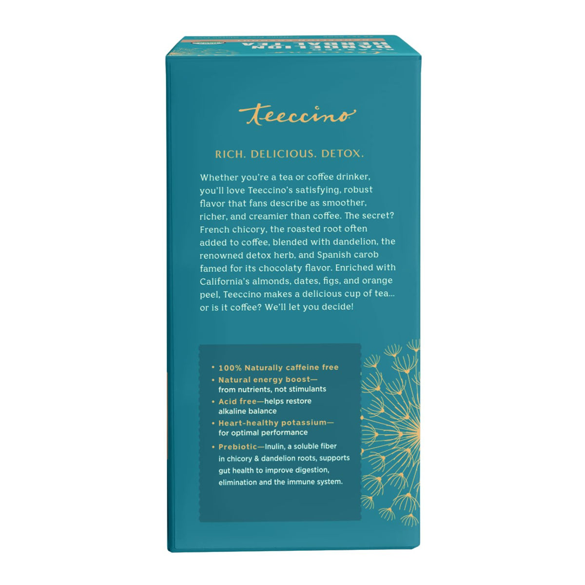Teeccino Dandelion Coconut Tea - Caffeine Free, Roasted Herbal Tea with Prebiotics, 3x More Herbs than Regular Tea Bags, Gluten Free - 25 Tea Bags