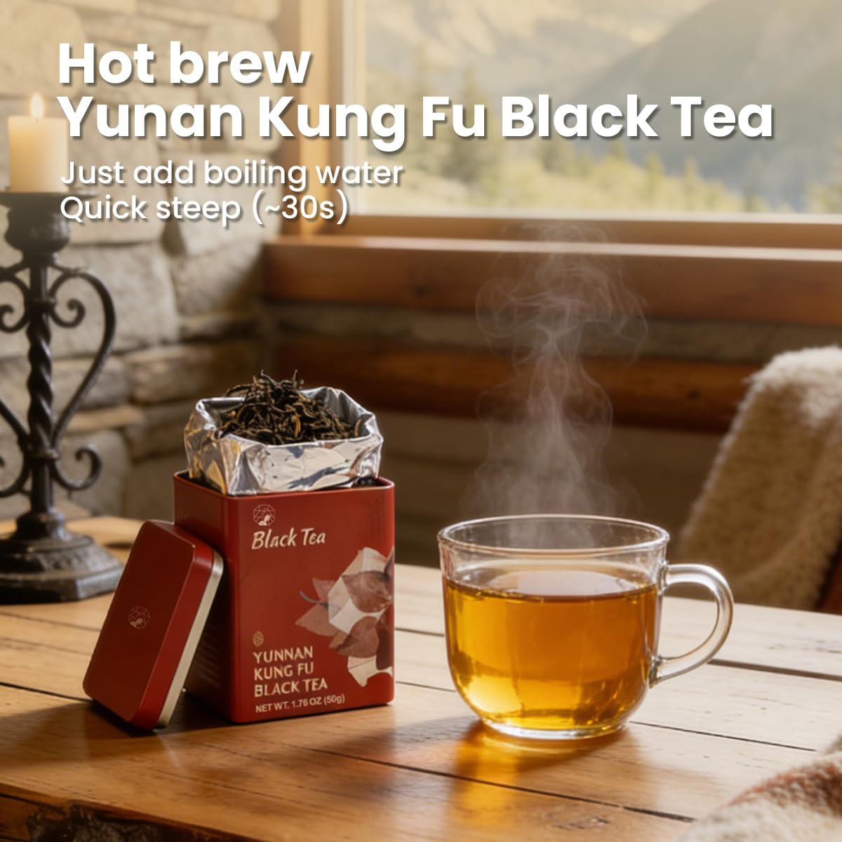 Chayan Yunnan Kung Fu Black Tea Loose Leaf, Authentic Smooth &amp; Rich Ancient Chinese Tea, Premium Loose Leaf Black Tea for Morning Energy, Fast Hot Brew or 8-Min Cold Brew, 1.76 oz (50g) Tin
