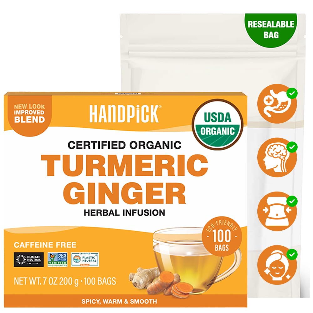 HANDPICK Organic Turmeric Ginger Tea (100 Count) Daily Wellness Tea