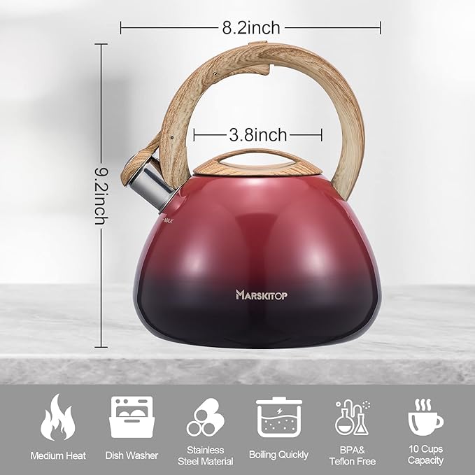Marskitop Whistling Tea Kettle for Stove Top, Food Grade Stainless Steel Tea Kettle Teapot for Stovetop with Anti-Hot Ergonomic Handle, 2.6 Quart, Red