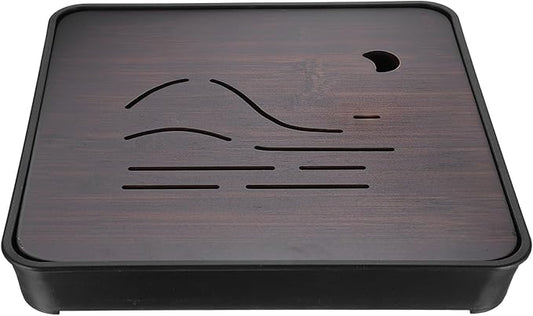 HARFINGTON Bamboo Chinese Gong Fu Tea Tray 11" Beautiful Mountain Pattern Tea Tray Bamboo Tea Table Furniture Vintage Tea with Water Storage Box for Drinking Tea Brown Black