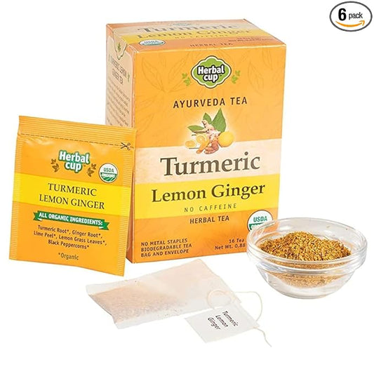 Herbal Cup Ayurveda Turmeric Tea, Organic Lemon Ginger, No Caffeine Herbal Teas (Organic Lemon Ginger, 16 Count (Pack of 6))