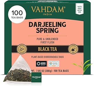 VAHDAM, Exotic Darjeeling First Flush Tea Leaves (100 Black Tea Bags) High Caffeine, Non GMO, Gluten Free | Aromatic & Robust | Unblended First Flush Darjeeling Tea Bags | Resealable Ziplock Pouch
