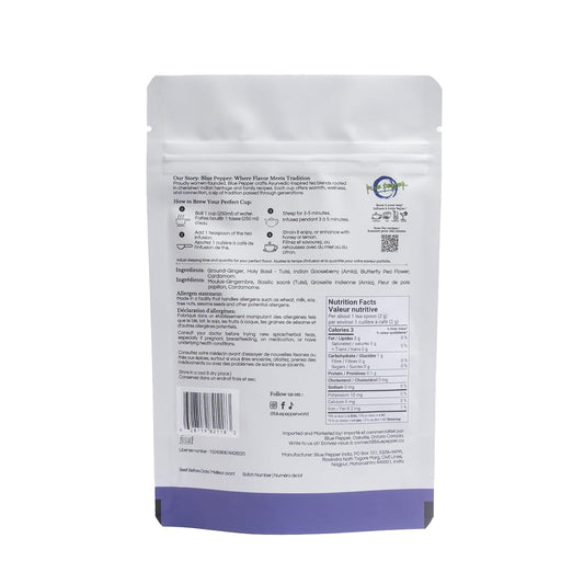 Blue Pepper Tea Infusion | Butterfly Pea Flower Blend with Ginger, Tulsi (Holy Basil), Amla (Indian Gooseberry) &amp; Cardamom | Caffeine-Free Natural Beverage | 60g