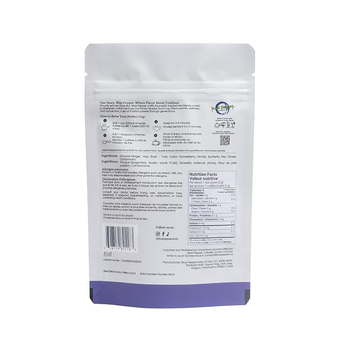 Blue Pepper Tea Infusion, Butterfly Pea Flower Blend with Ginger, Tulsi (Holy Basil), Amla (Indian Gooseberry) & Cardamom
