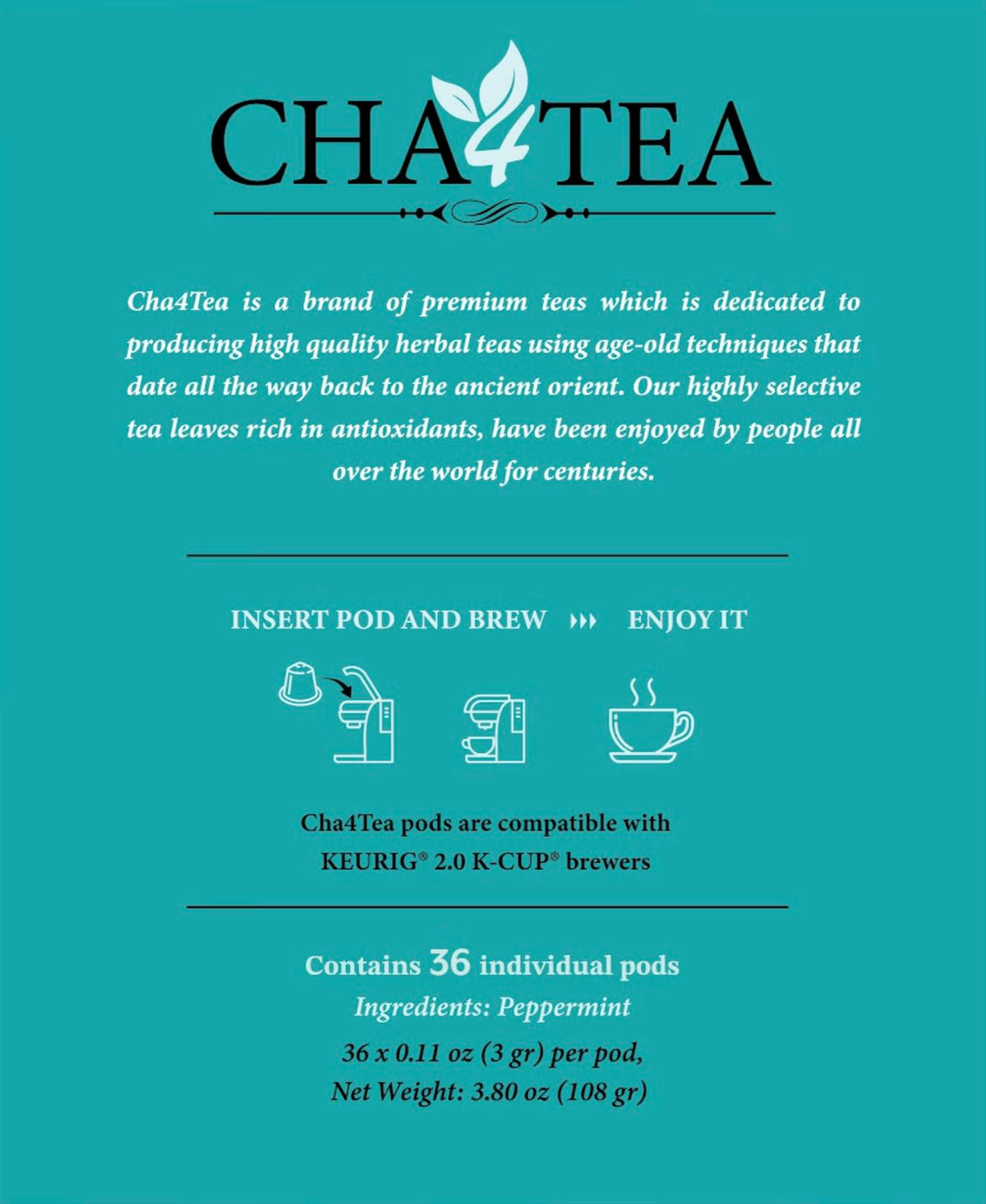Cha4TEA 36-Count Peppermint Herbal Tea Pods Compatible with Keurig Brewers