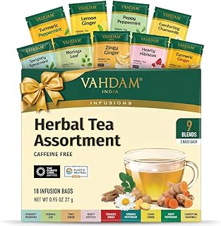VAHDAM, Assorted Herbal Tea Sampler (18 Tea Bags, 9 Flavors) Caffeine-Free, Non-GMO | Double Infusion, Individually Enveloped Tea Bags | Herbal Tea Assortment | Mother’s Day Tea Gift for Mom