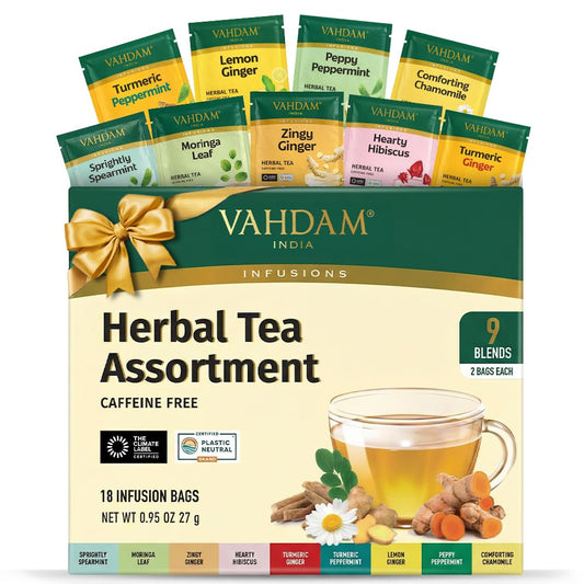 VAHDAM, Assorted Herbal Tea Sampler (18 Tea Bags, 9 Flavors) Caffeine-Free, Non-GMO, Double Infusion, Individually Enveloped Tea Bags