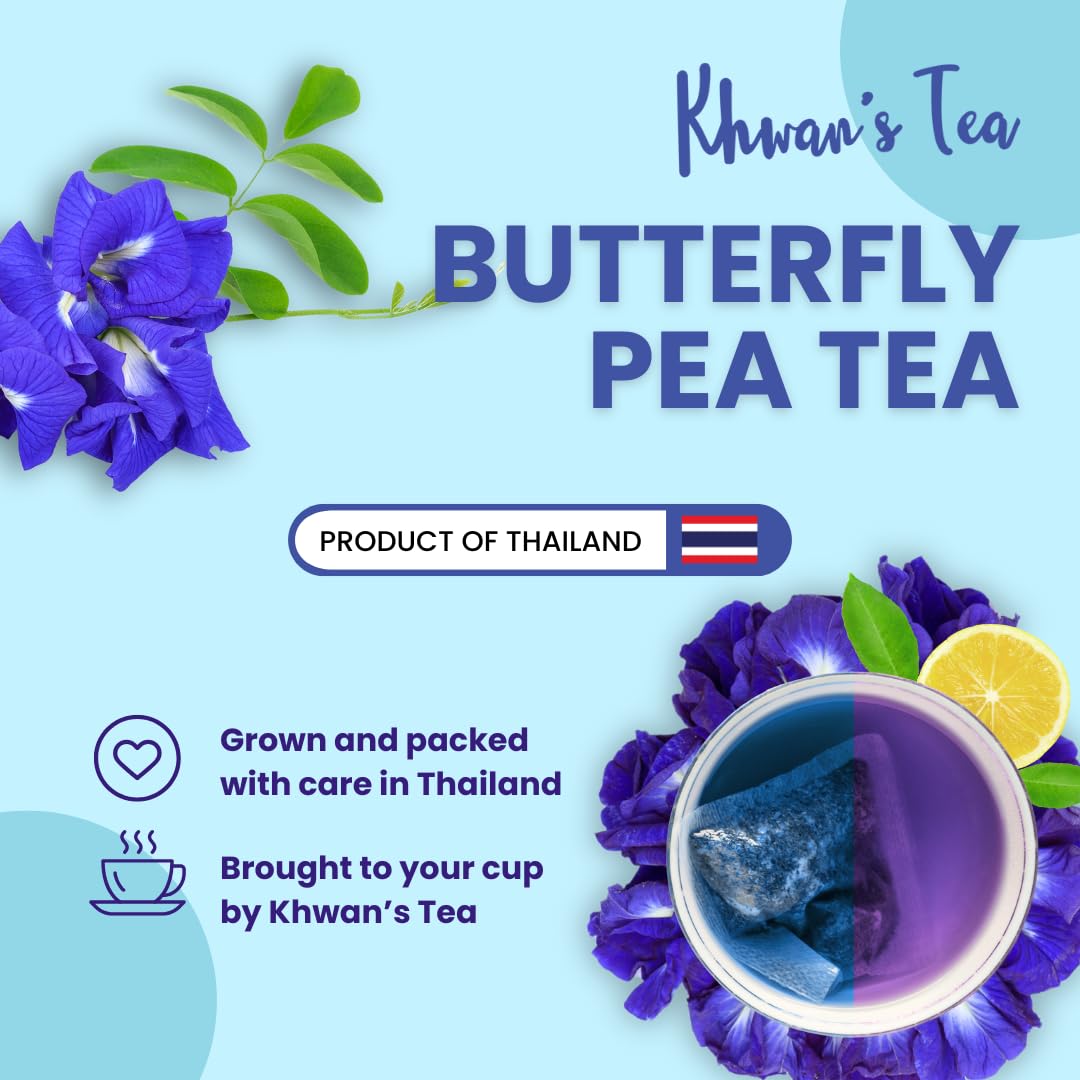 KHWAN'S TEA Organic Butterfly Pea Flower Tea Bags, USDA Organic, 10 Count | Organic butterfly pea flower tea bags, color-changing blue herbal tea, whole-flower, caffeine-free, vegan, Thai-grown, 10 ct