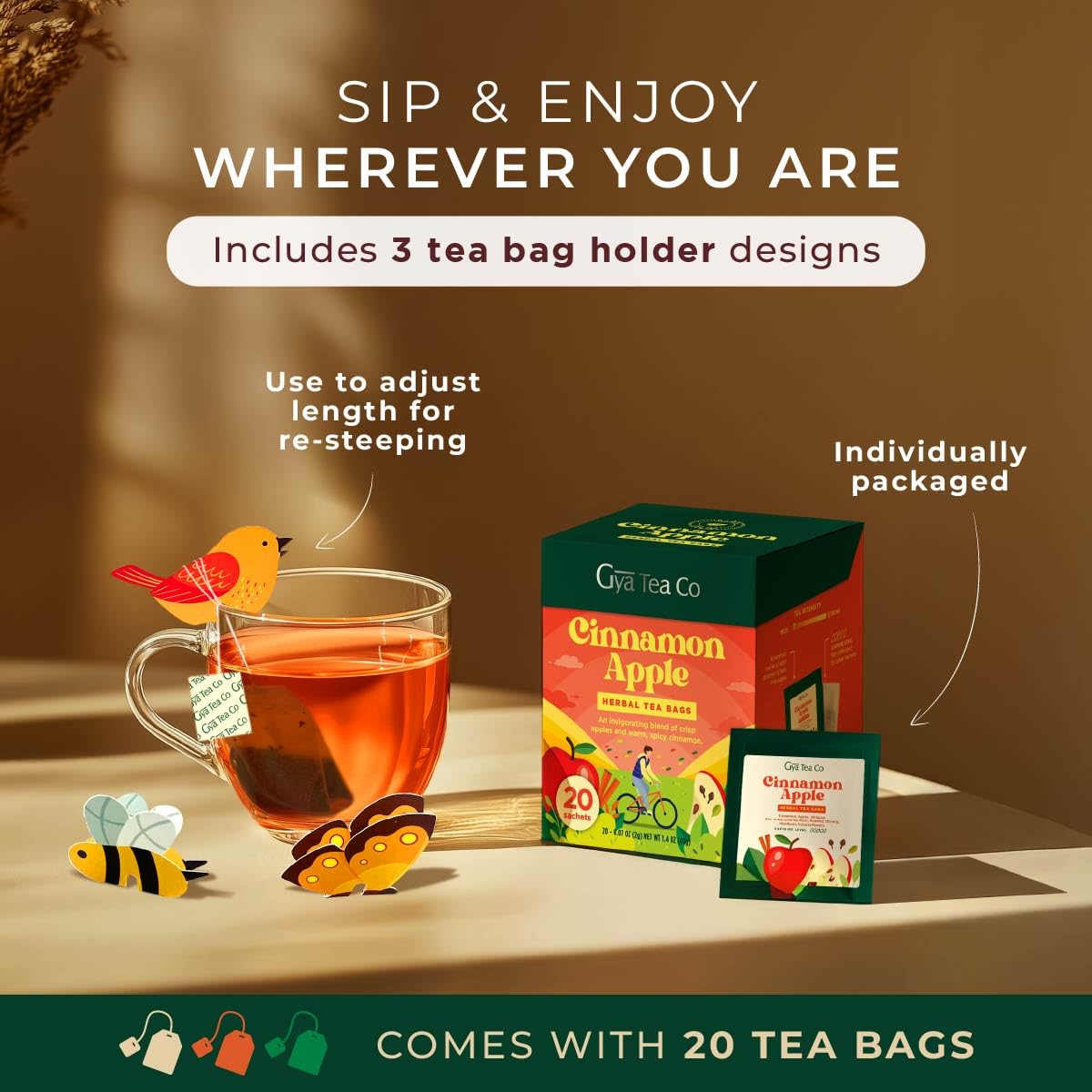 Apple Cinnamon Tea Bags 20 Count - 100% Natural Caffeine Free Herbal Tea | Cinnamon, Apple &amp; Hibiscus Blend, Hot or Iced, No Artificial Ingredients, Spiced Warming &amp; Cozy Fall Flavor