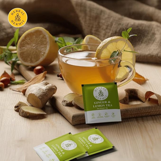 Lemon Ginger Tea Bags (50 Nos) with Natural Ginger Root & Lemon| Instant Herbal Tea in Caffeine Free Easy to Use Tea Bags