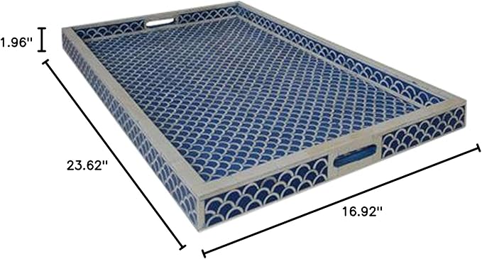 Hansa Handmade Bone Inlay Serving Tray Rectangle Tray Geometrical Pattern Decorative with Handles Trays for Tea & Breakfast