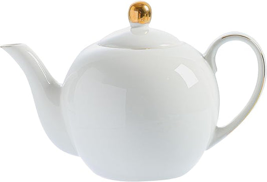 30oz White Porcelain Teapot, Classic design tea pot with Gold Trim, Beautiful white teapots for loose leaf tea and tea bags, Tea Party friendly