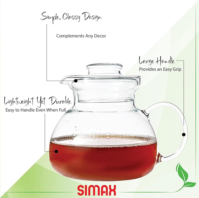 Simax Glass Teapot for Stovetop: Clear Glass Tea Kettle with Spout - 1 Quart/4 Cup Teapot - Microwave Safe