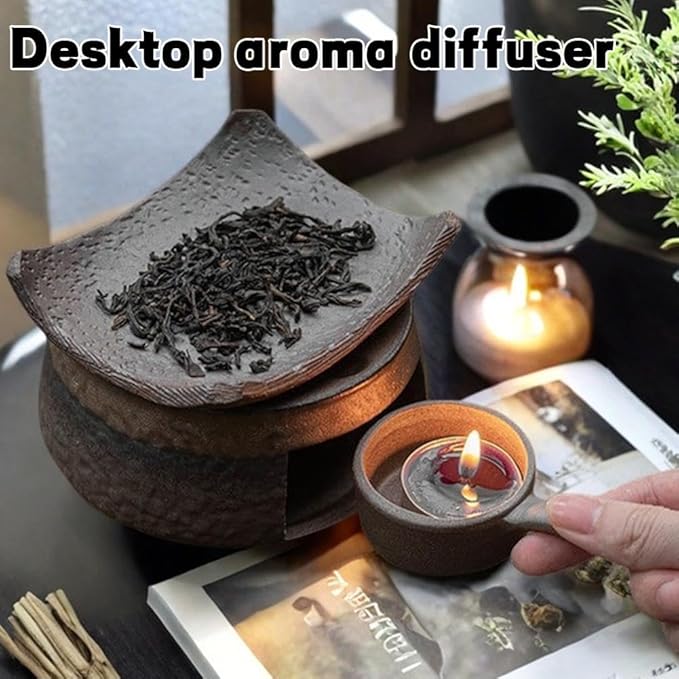 Ceramic Tea Stove Warmer Set, Cedar and Zen Aromatherapy Burner,Handmade Ceramic Candle Wax Melts Warmer with Tealight Holder,Multi-Functional Teapot and Heater,for Home Office Hotel Meditation (A)