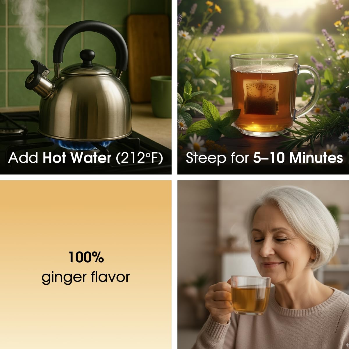 Ginger Tea Bags - 25 Bags - Premium &amp; Spicy Ginger Herbal Tea - Pure Natural Extract Caffeine-Free and Gluten-Free Herbal Tea from Real Flowers for Relaxation with Smooth Taste (25 count)