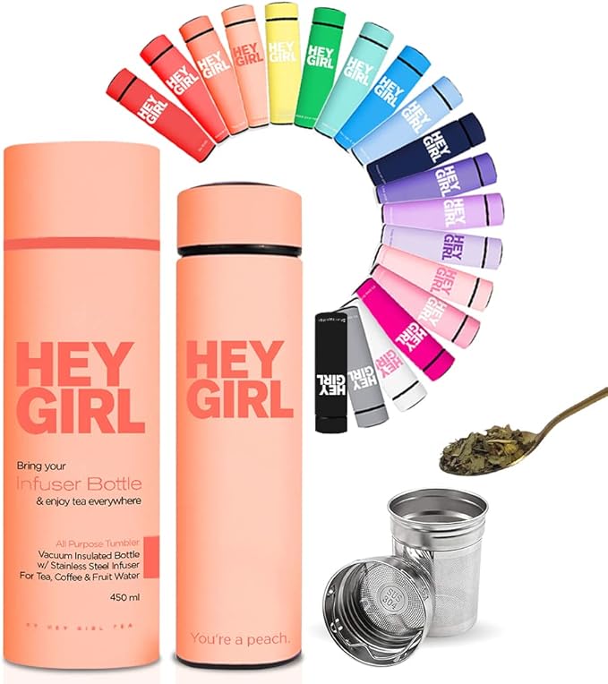 Hey Girl Tea Infuser Bottle 450ml - Insulated Stainless Steel Water Bottle - Tea Tumbler with Tea Diffuser