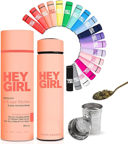 Hey Girl Tea Infuser Bottle 450ml - Insulated Stainless Steel Water Bottle - Tea Tumbler with Tea Diffuser