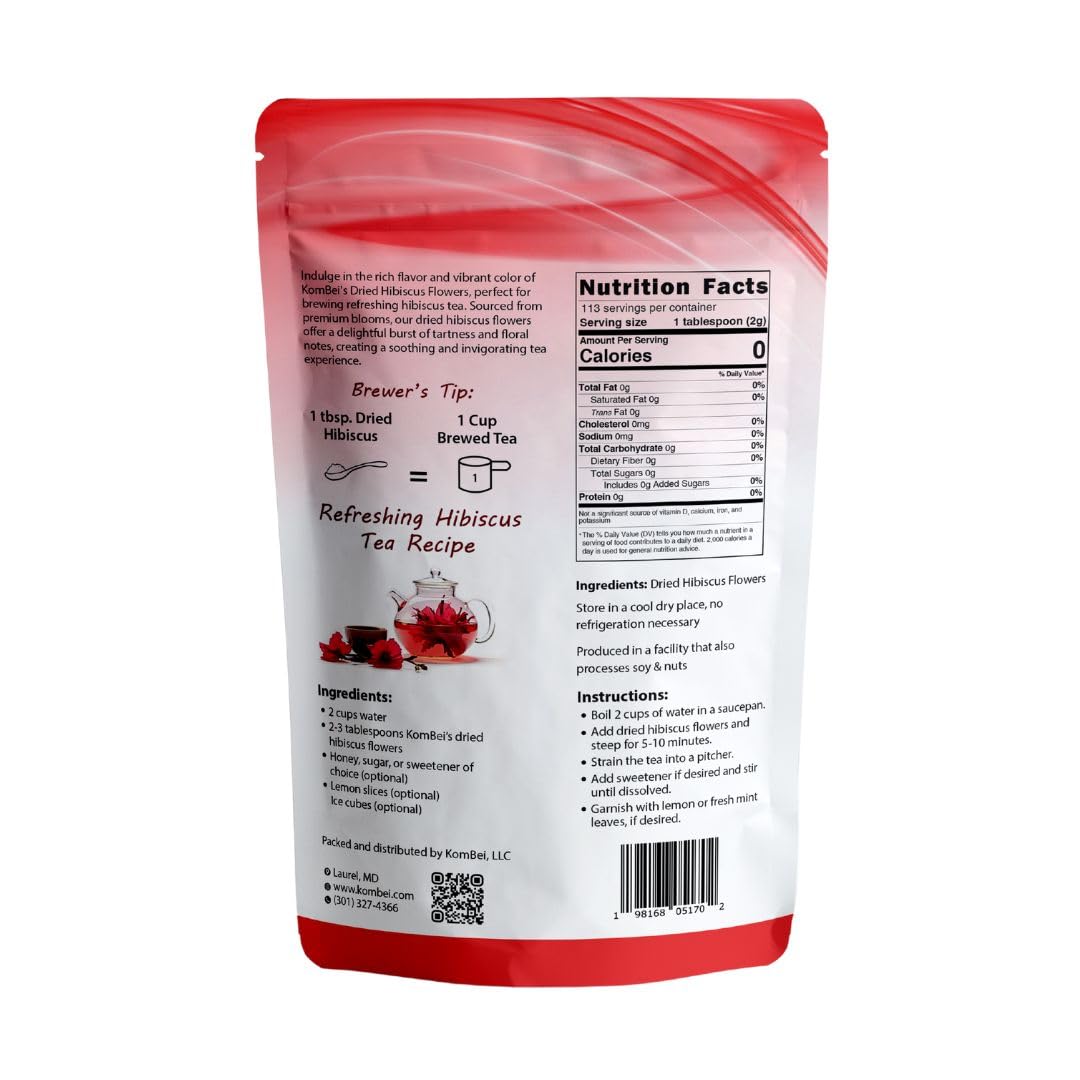 KomBei Whole Dried Hibiscus Flowers Loose Leaf Tea – Flor de Jamaica Natural (8oz) | Hibiscus Sabdariffa Whole Flowers &