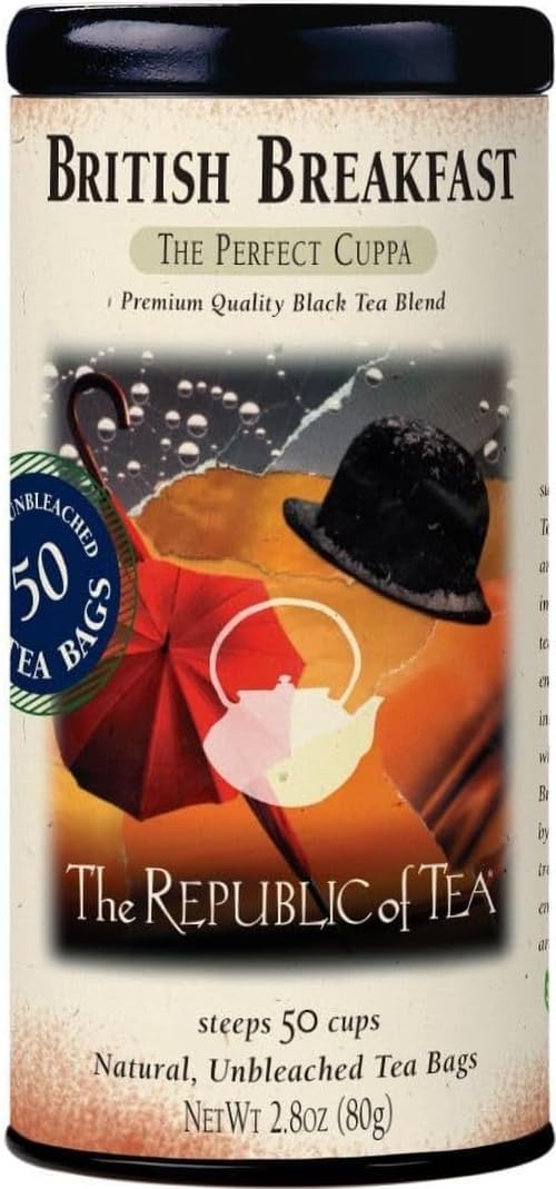 The Republic of Tea British Breakfast Black Tea, 50 Count | Naturally Caffeinated. Made for morning or afternoon sipping. Brisk and full-bodied. Gluten Free and Kosher.