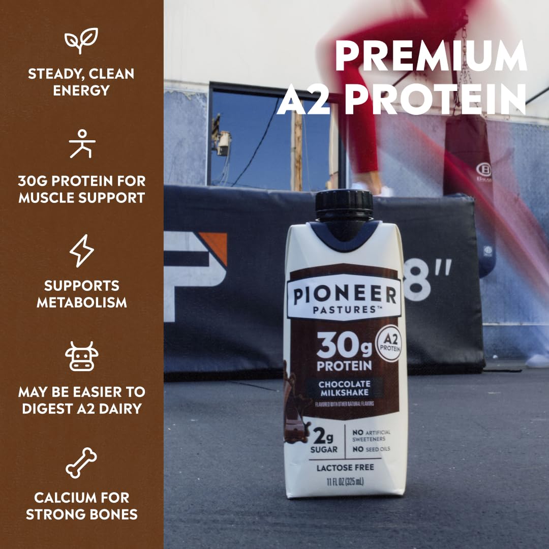 Pioneer Pastures High Protein A2 Milkshakes, Chocolate, 11oz, 12 Pack