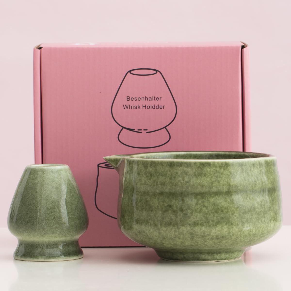 Masgangdamai Japanese 2pcs Matcha Bowl, Glazed Ceremonial Matcha Bowl with Whisk Holder for/Matcha Tea