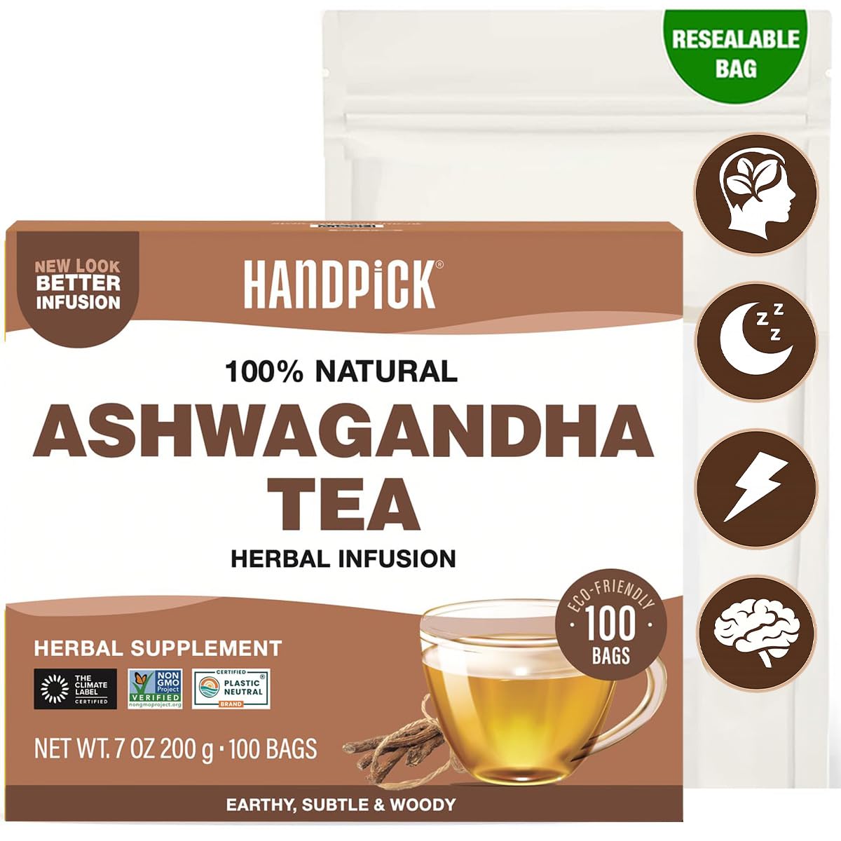 HANDPICK Ashwagandha Teabags (100 Count) Pure Ashwagandha Root,Gluten Free