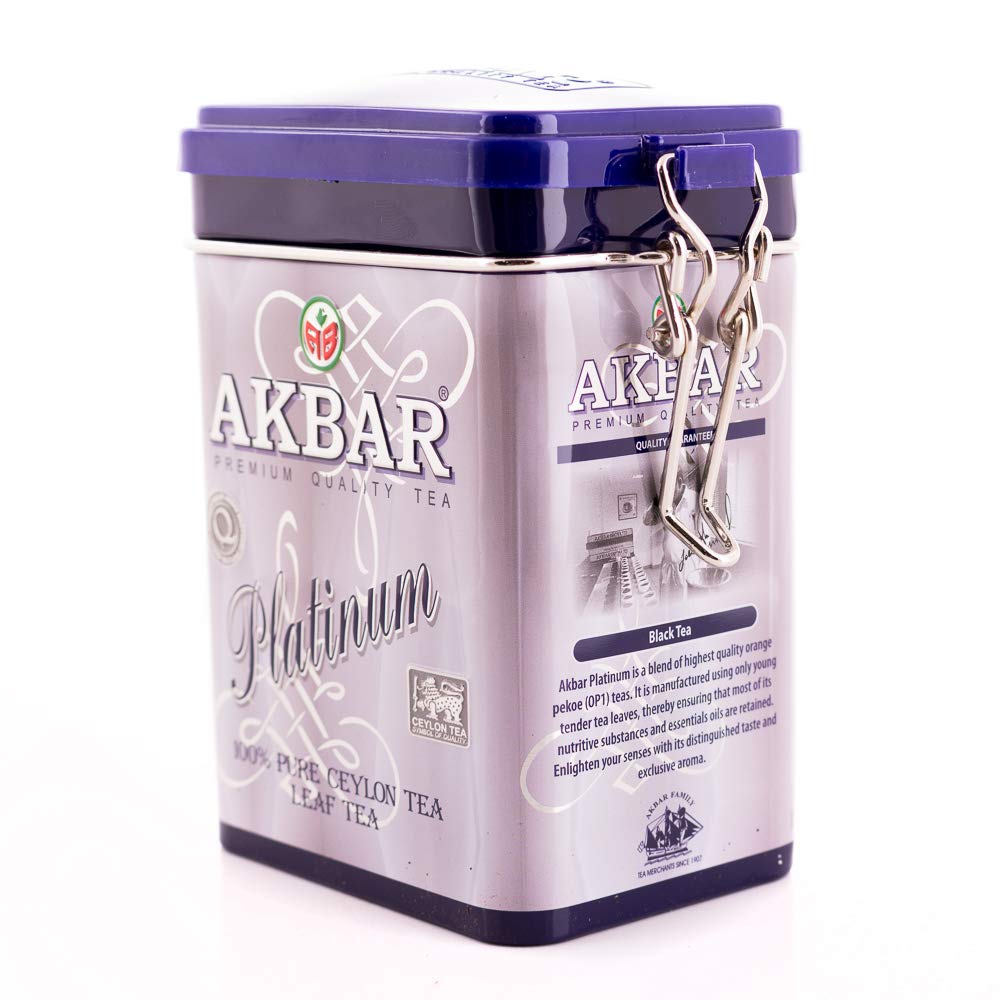 Akbar 100% Pure Ceylon Platinum Leaf Tea Tin (90g) - Premium Orange Pekoe OP1 Black Tea, Vegan, Mountain-Grown Loose Leaves
