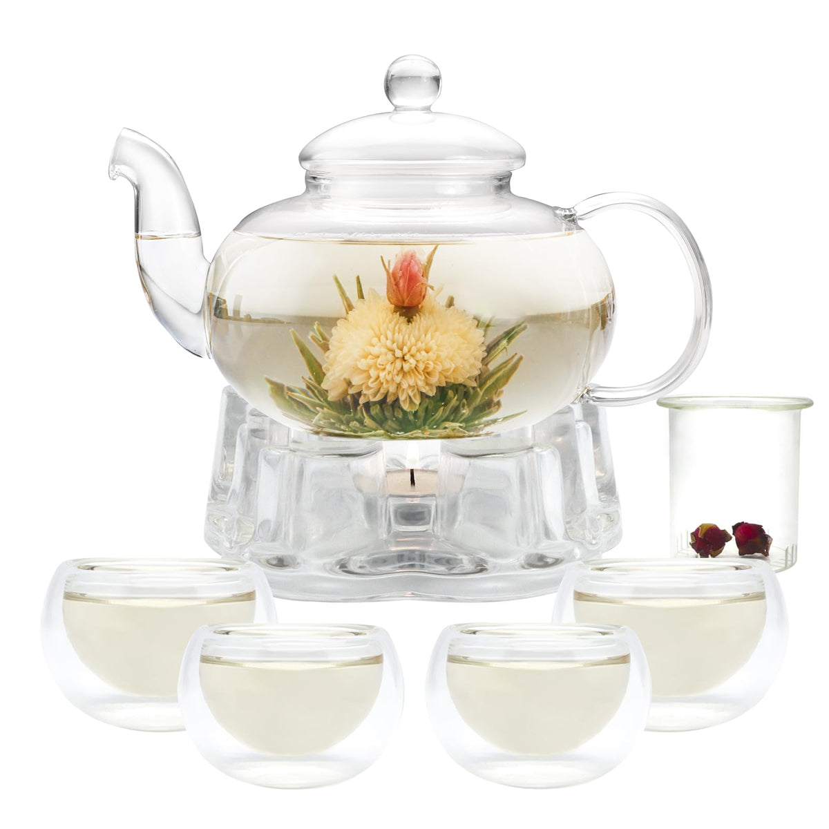GURUDAR Glass Teapot Set, 34OZ/1000ML Glass Tea Kettle with Loose Tea Infuser & Warmer, 5OZ/150ML Double-Wall Tea Cup Set of