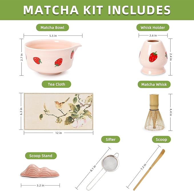 Koythin 7-Piece Ceramic Matcha Whisk Set, Adorable Strawberry Bowls Set with Whisk Holder Scoop Towel, Aesthetic Matcha Bowl Set for Ceremony (Pink)
