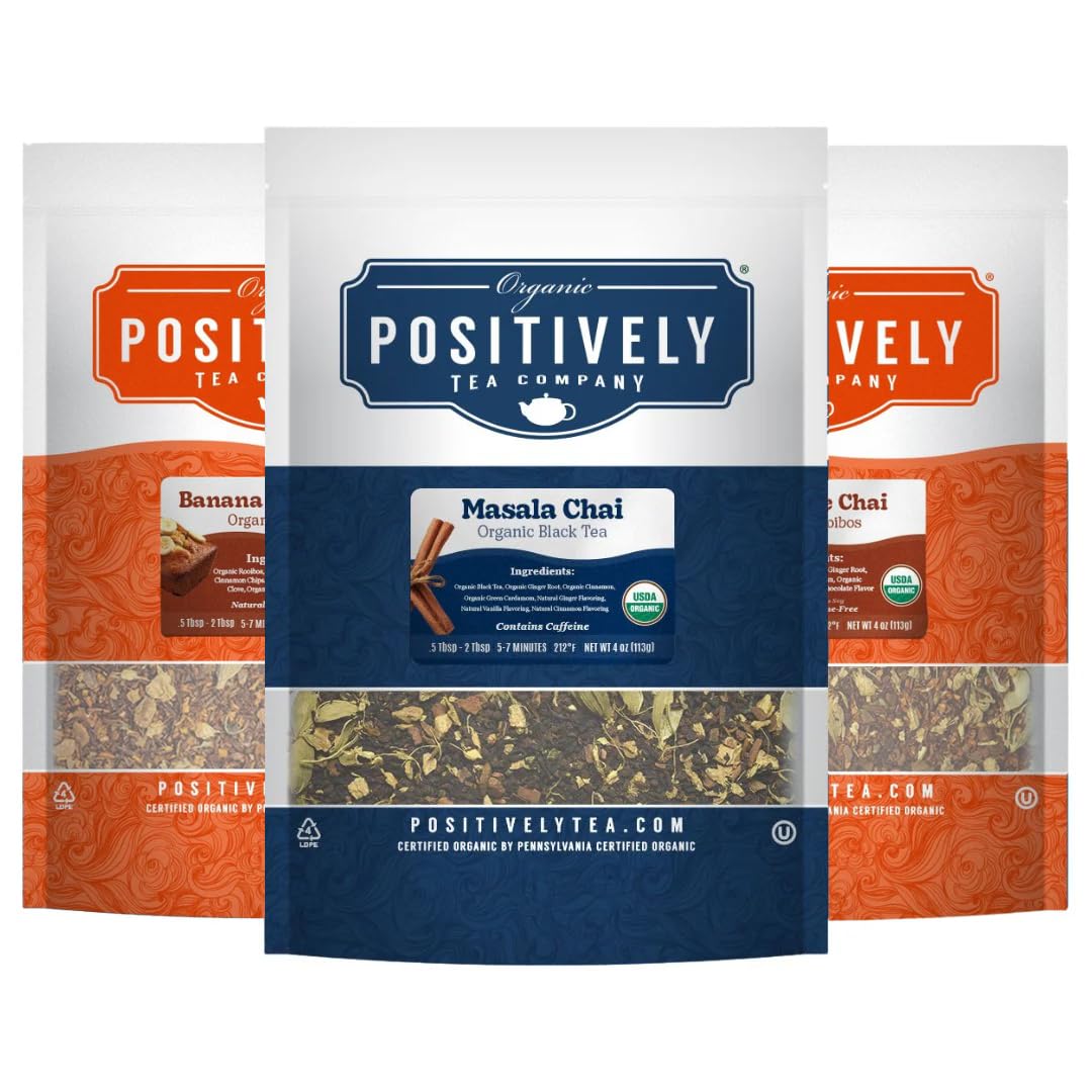 Organic Positively Tea Company Positively Tea, Organic Chai Tea Sampler, Loose Leaf, 4 Ounce, 3 Pack