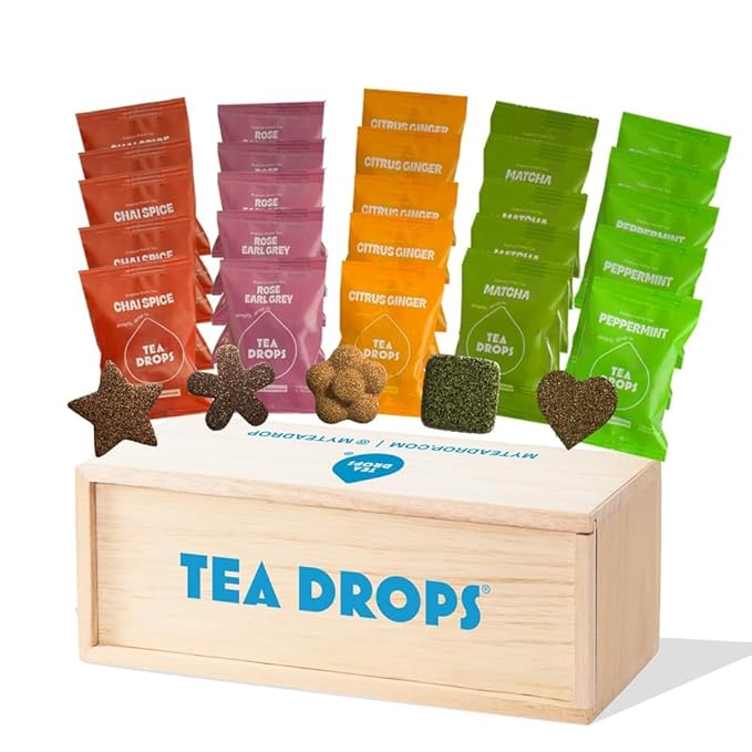 Tea Drops Holiday Sampler Box 25 Count | Organic Dissolvable Loose Leaf Tea | Iced or Hot | Microplastic-Free | Naturally Sweetened Organic Chai, Rose Earl Grey, Citrus Ginger, Peppermint, Matcha | 25 Servings - 5 Per Flavor
