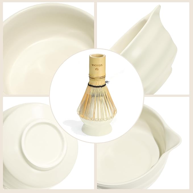 9PCS Matcha Whisk Set, Ceramic Bowl with Spout, Bamboo Whisk & Holder, Matcha Cup, Ceremony Tea Making Tools, Modern Design Gift for Matcha Beginners Lovers (Cream White)