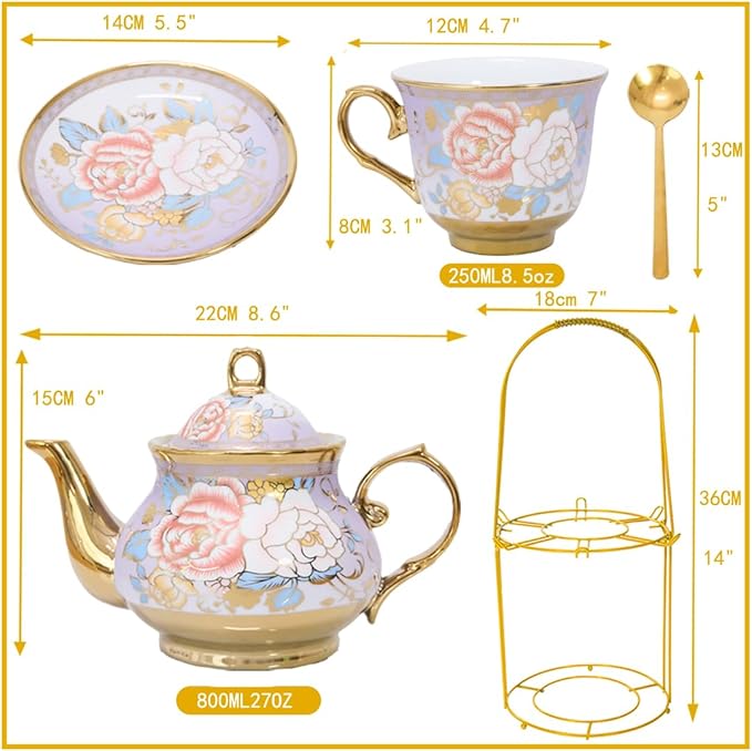 CHANJOON Gold Plated Red Rose Ceramic Tea Set, Vintage Tea Sets with Teapot, Beautiful Tea Set Coffee Serving 6 People (Purple, X Large)