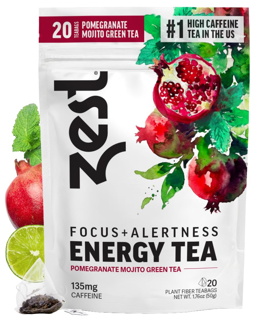 Zest Energy Green Tea – Pomegranate Mojito High Caffeine Tea Bags for Focus &amp; Morning Energy – Natural Caffeinated Tea with 135mg Caffeine – Coffee Substitute – 20Ct Pack, Non-GMO &amp; Keto Friendly