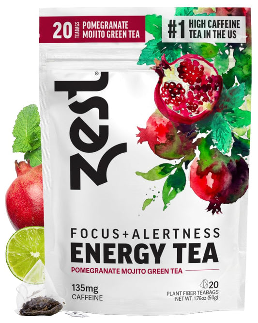 Zest Energy Green Tea – Pomegranate Mojito High Caffeine Tea Bags for Focus &amp; Morning Energy – Natural Caffeinated Tea with 135mg Caffeine – Coffee Substitute – 20Ct Pack, Non-GMO &amp; Keto Friendly