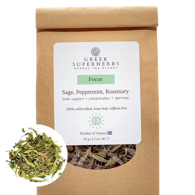 Focus Tea, Loose Herbal Tea for Concentration & Alertness, Sage, Peppermint, Rosemary, 100% Wild Crafted, Caffeine Free, Natural, Earthy Flavor