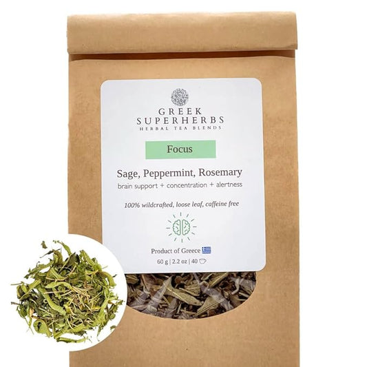 FOCUS Tea | Loose Herbal Tea for Concentration & Alertness | Sage, Peppermint, Rosemary| 100% Wild Crafted, Caffeine Free, Natural, Earthy Flavor | 30G (1.1OZ)