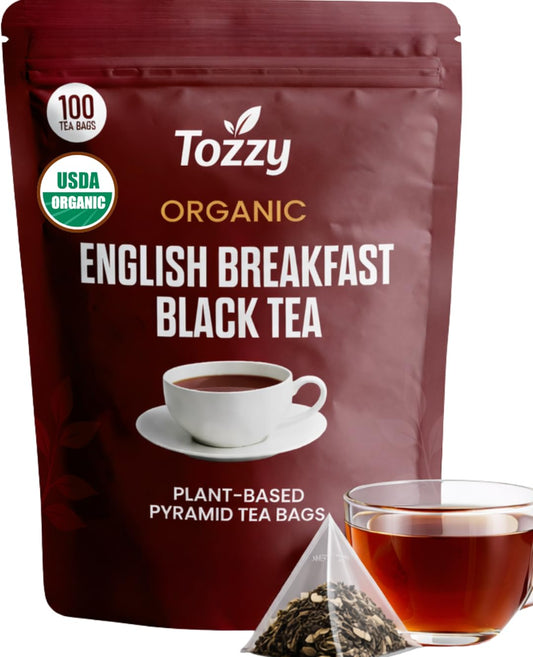 Tozzy Organic English Breakfast Tea – 100 Count, Plant-Based Pyramid Tea Bags