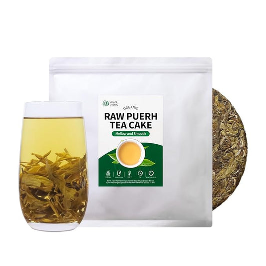YUANSHENG Organic Raw Pu erh Tea Cake, USDA Certified, Aged & Organic Chinese Yunnan Ancient Tree Pu-erh Tea, Refreshing, 12.6 Oz