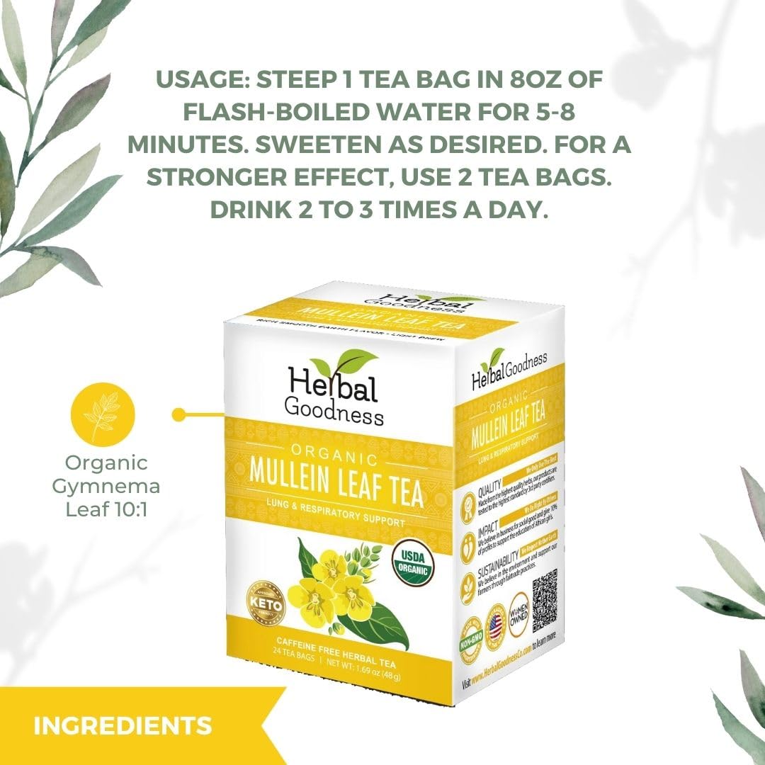 Organic Mullein Leaf Tea Bags for Lungs - 24ct Gordolobo Herbal Goodness