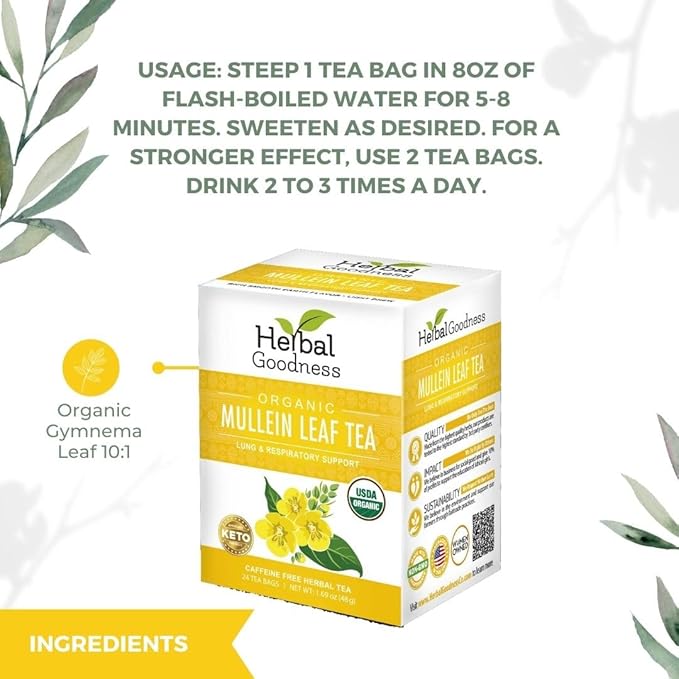 Mullein Leaf Tea - Organic Mullein Tea Bags for Digestive System, Immune System, Supports Overall Health, 24 Mullein Tea bags, Herbal Goodness