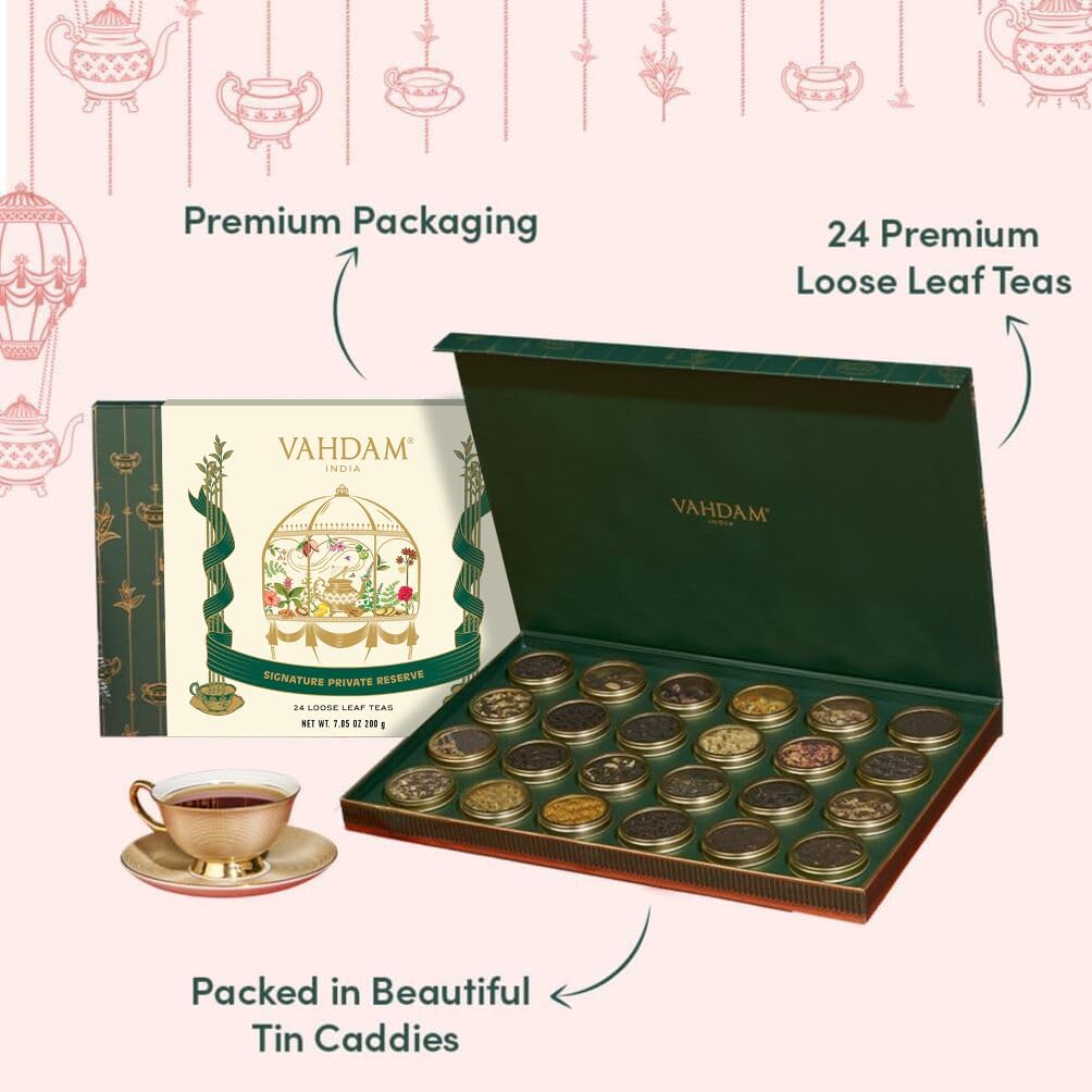 VAHDAM, Luxury Tea Gift Set | 24 Unique Loose Leaf Teas in Tin Caddies - Premium Tea Gift Box |Gluten Free & Non GMO | Gifts for Women, Men & Adults
