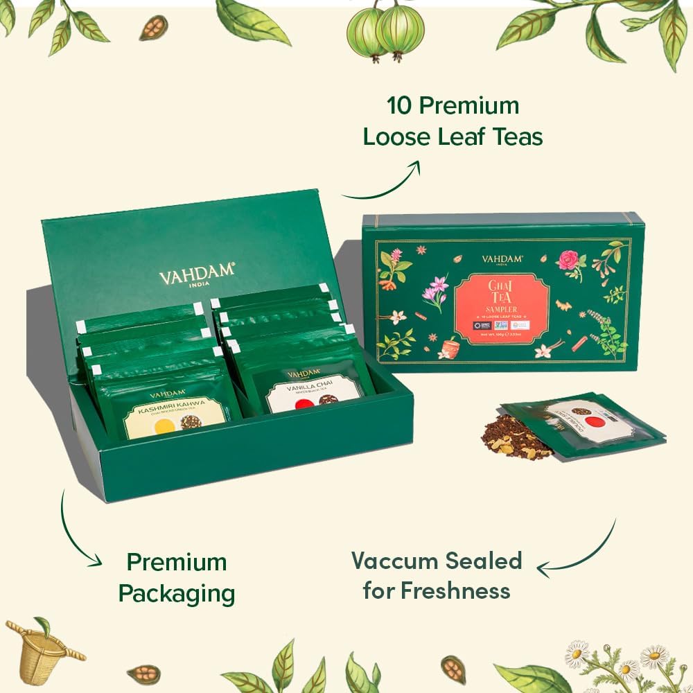 VAHDAM, Assorted Loose Leaf Chai Tea Sampler (10 Flavors, 50+ Servings) | Indian Exotic Masala Chai Tea Blends | Resealable Ziplock Pouch | Vacuum Sealed For Freshness