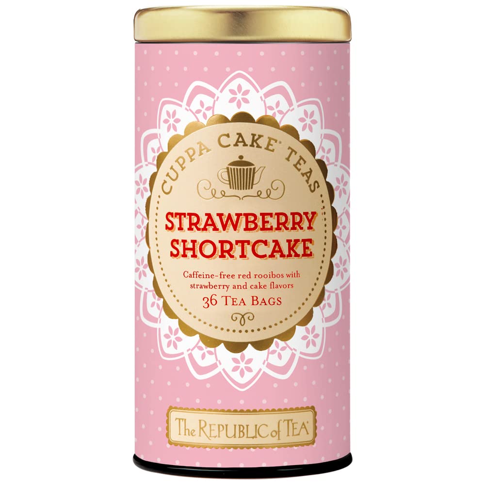 The Republic of Tea Cuppa Cake Strawberry Shortcake Herbal Tea, 36 Count | Caffeine Free. Suitable for day or evening sipping. Bright with a tart finish. Gluten Free and Kosher. Made with hibiscus.