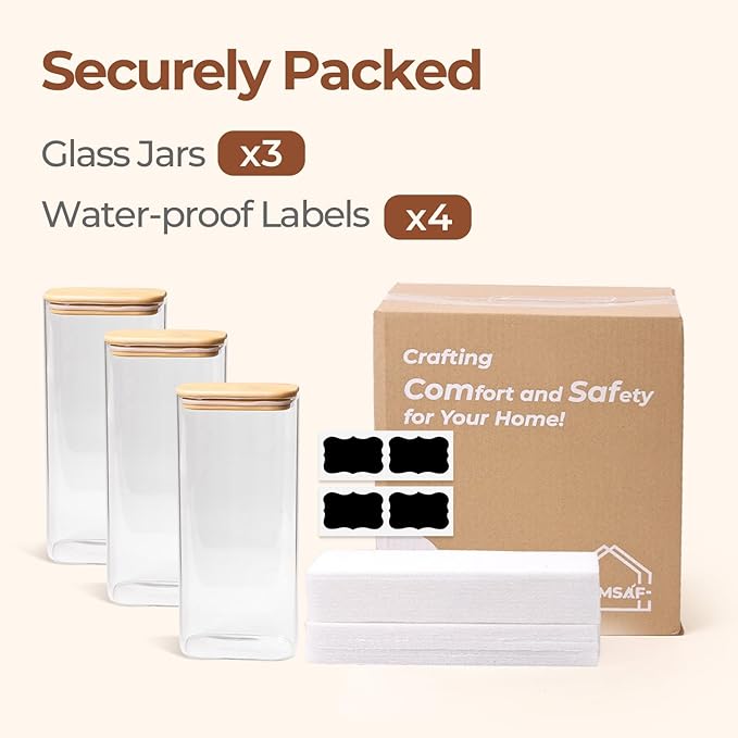 ComSaf 2 Qt Rectangle Glass Storage Containers with Lids, Glass Jars with Bamboo Lids, Clear Food Jar, Square Canister Set of 3